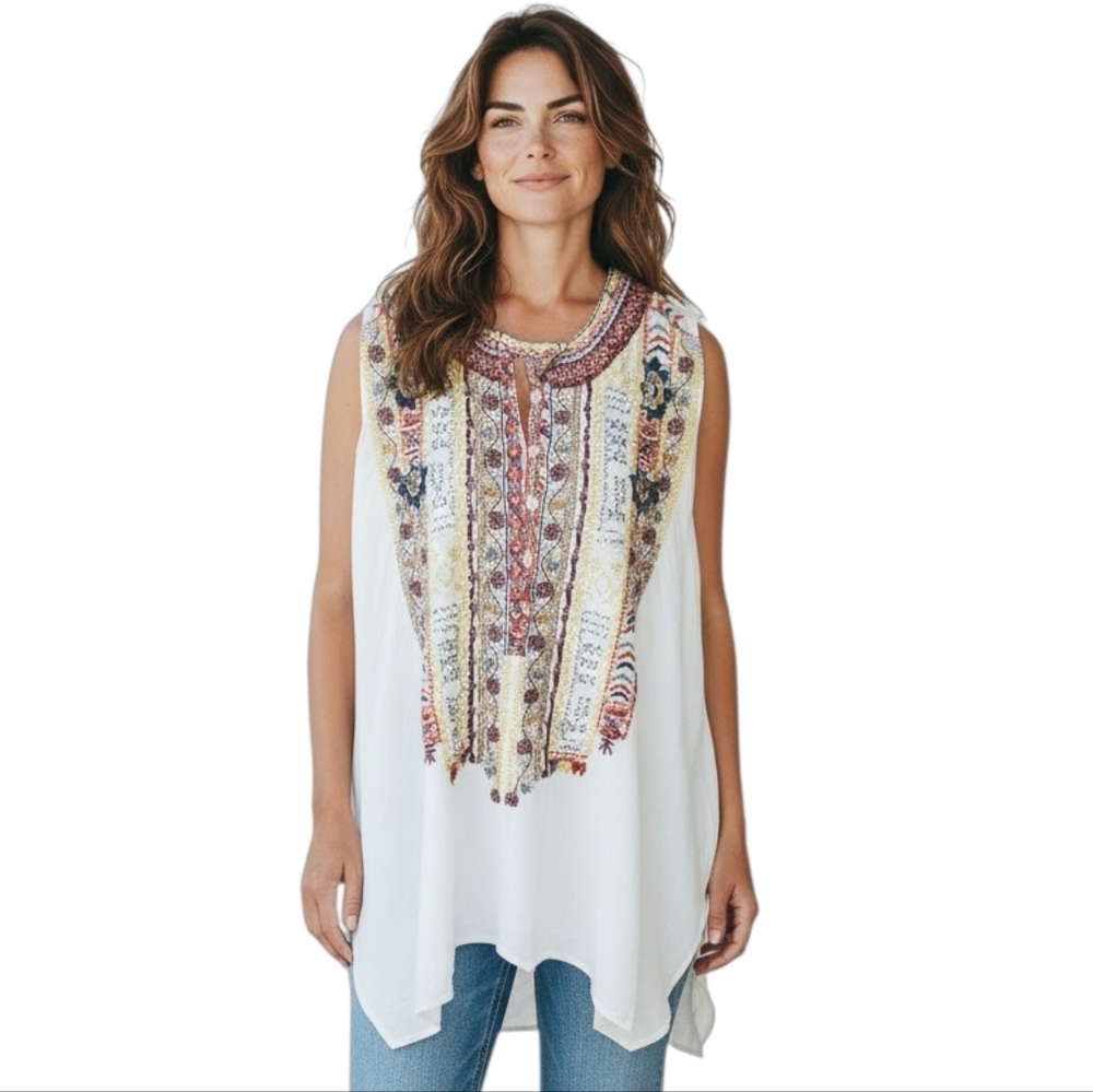 Biya Bohemian Sleeveless Tunic Handkerchief Hem Floral Embroidery Hippie Chic XS